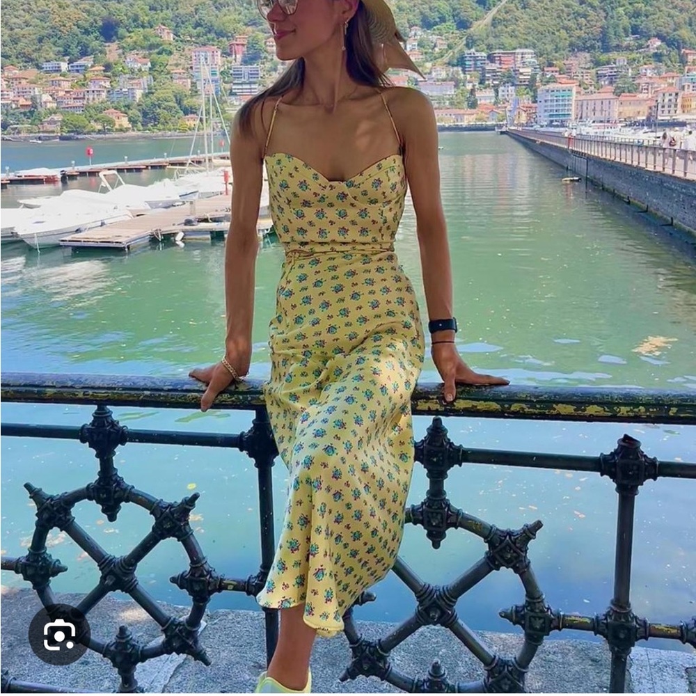 Zara Yellow Floral Satin Midi Skirt Set